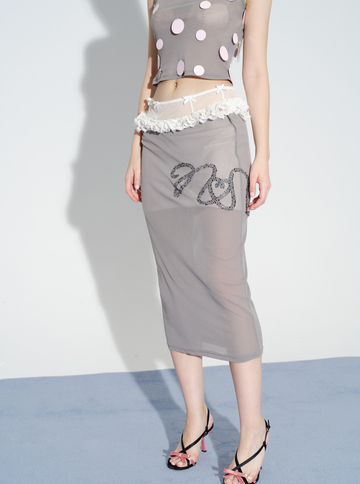 Grey mesh perspective hot diamond skirt