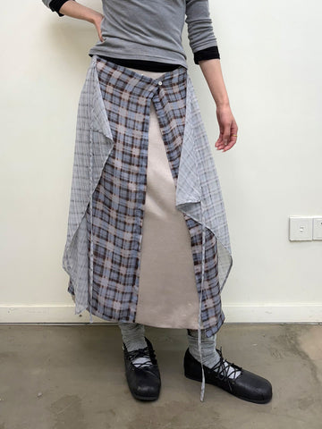Three-Tiered Patchwork Check Skirt - Layered Contrast Trim & Adjustable Waistband