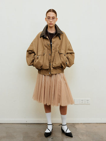 Leather Collar Cotton Workwear-Style Jacket