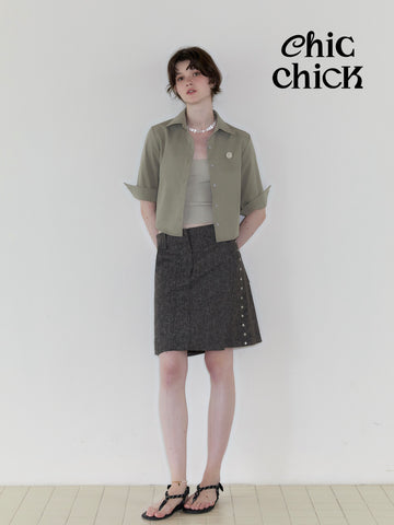 khaki Green Regular Shoulder Fitted Waist Three-Quarter Sleeve Retro Summer Short Shirt