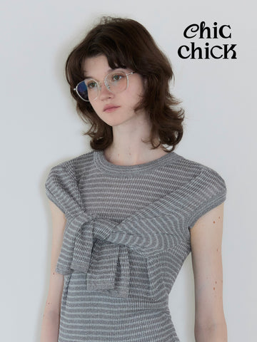 Glitter Yarn Gray Striped Cape Sleeve Designer Vacation Sheer Top