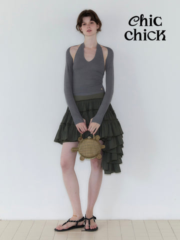 Mixed Gray Ballet-style Halter Camisole and Long-sleeve Knit Two-piece Set