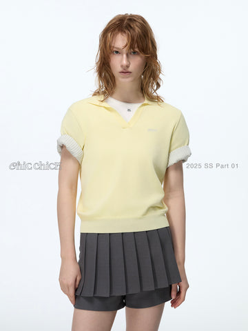 Soft Yellow Striped Contrast Mock Two-Piece Knit Polo Shir