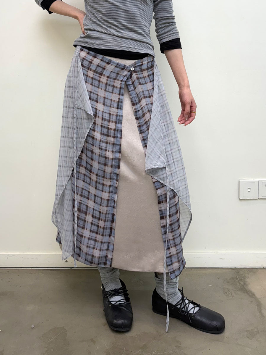 Three-Tiered Patchwork Check Skirt - Layered Contrast Trim & Adjustable Waistband
