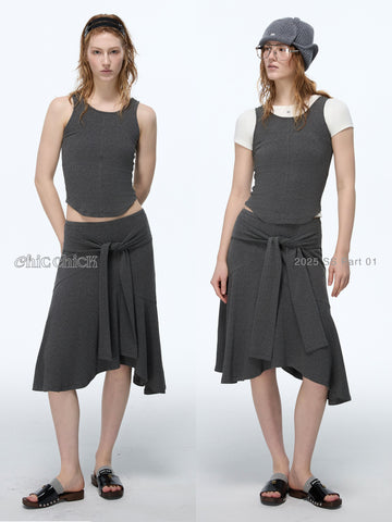 Heathered Grey Relaxed Tie-Sleeve Mermaid Midi Skirt Dress