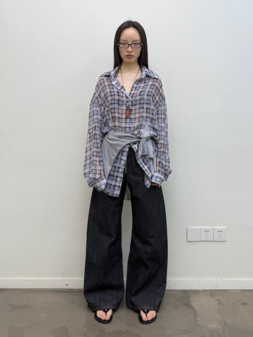 Lightweight Patchwork Check Shirt with Raw Hem