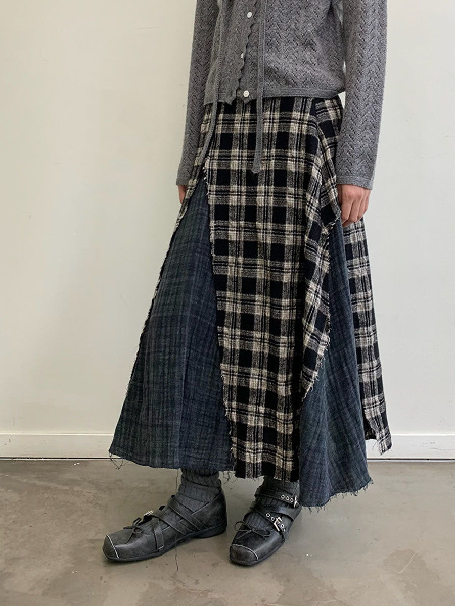 Plaid Patchwork Midi Skirt