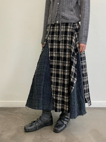 Plaid Patchwork Midi Skirt