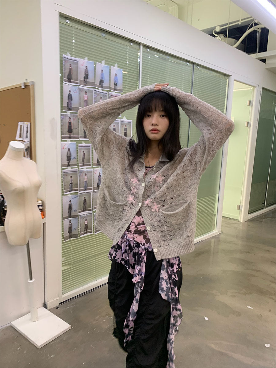 Hand-embroidered floral wool chambray cardigan