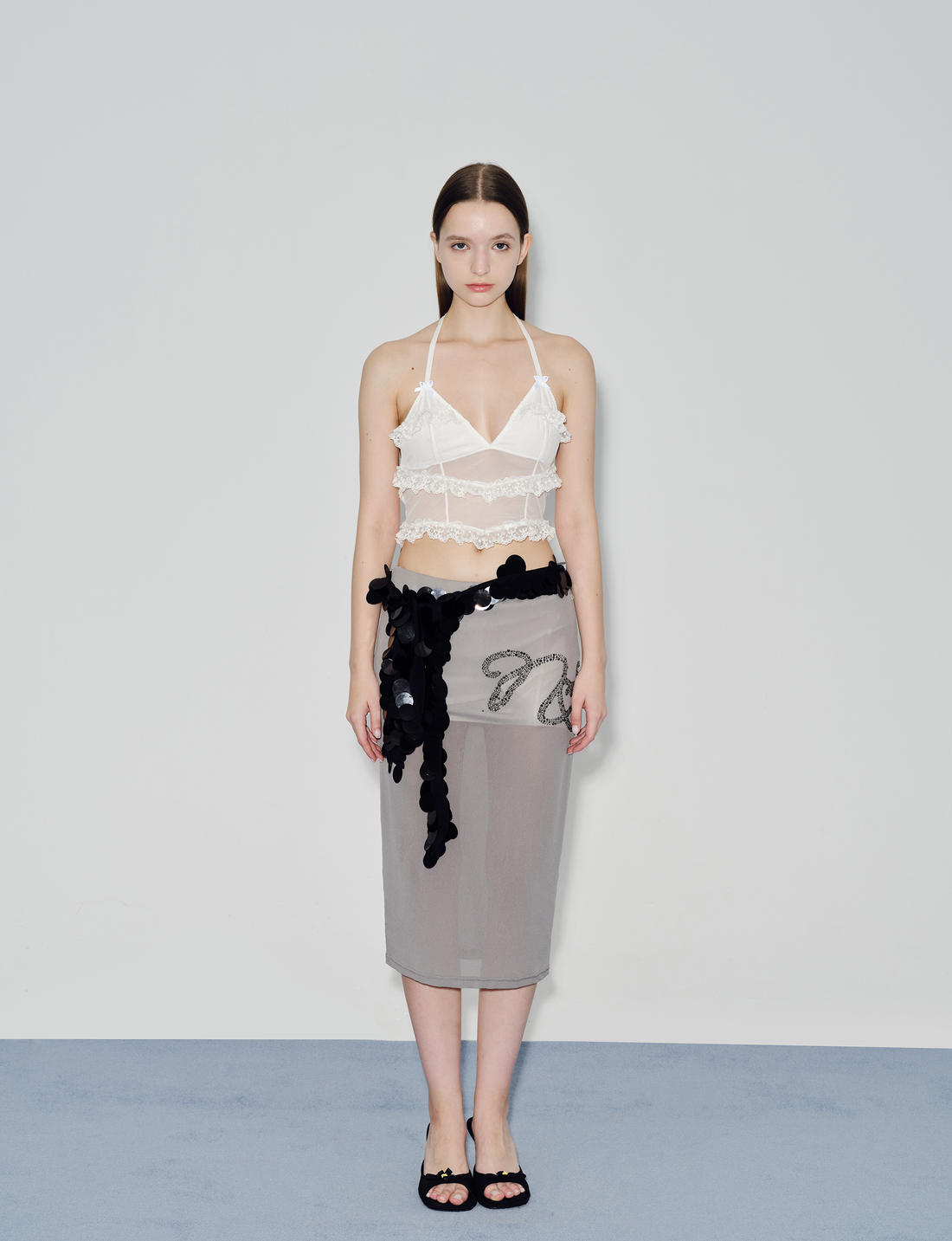 Grey mesh perspective hot diamond skirt