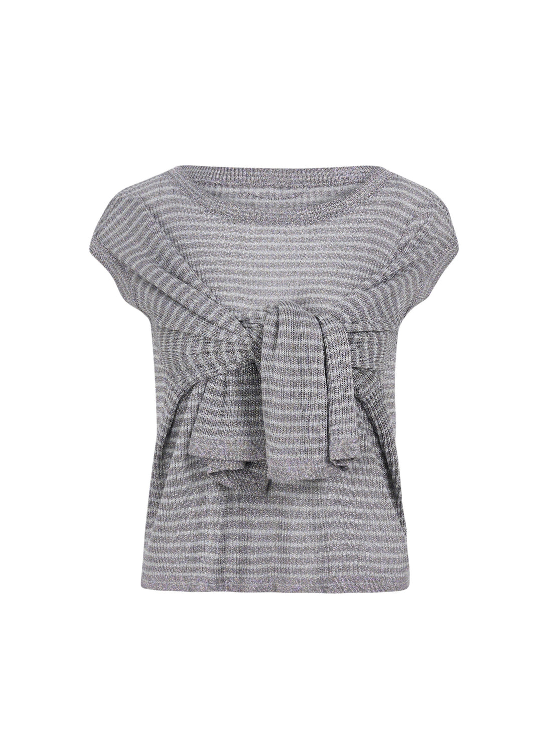 Glitter Yarn Gray Striped Cape Sleeve Designer Vacation Sheer Top