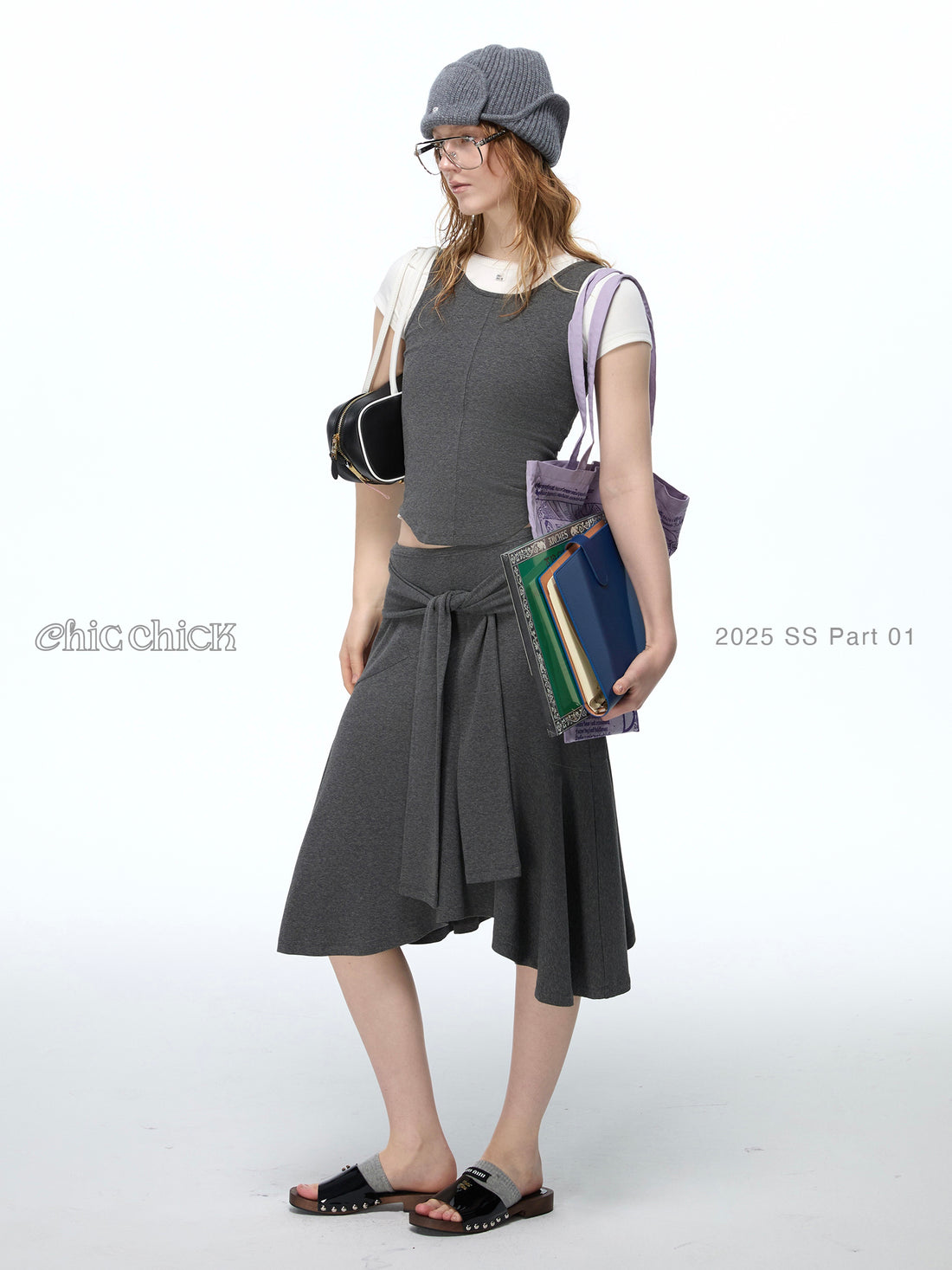 Heathered Grey Relaxed Tie-Sleeve Mermaid Midi Skirt Dress