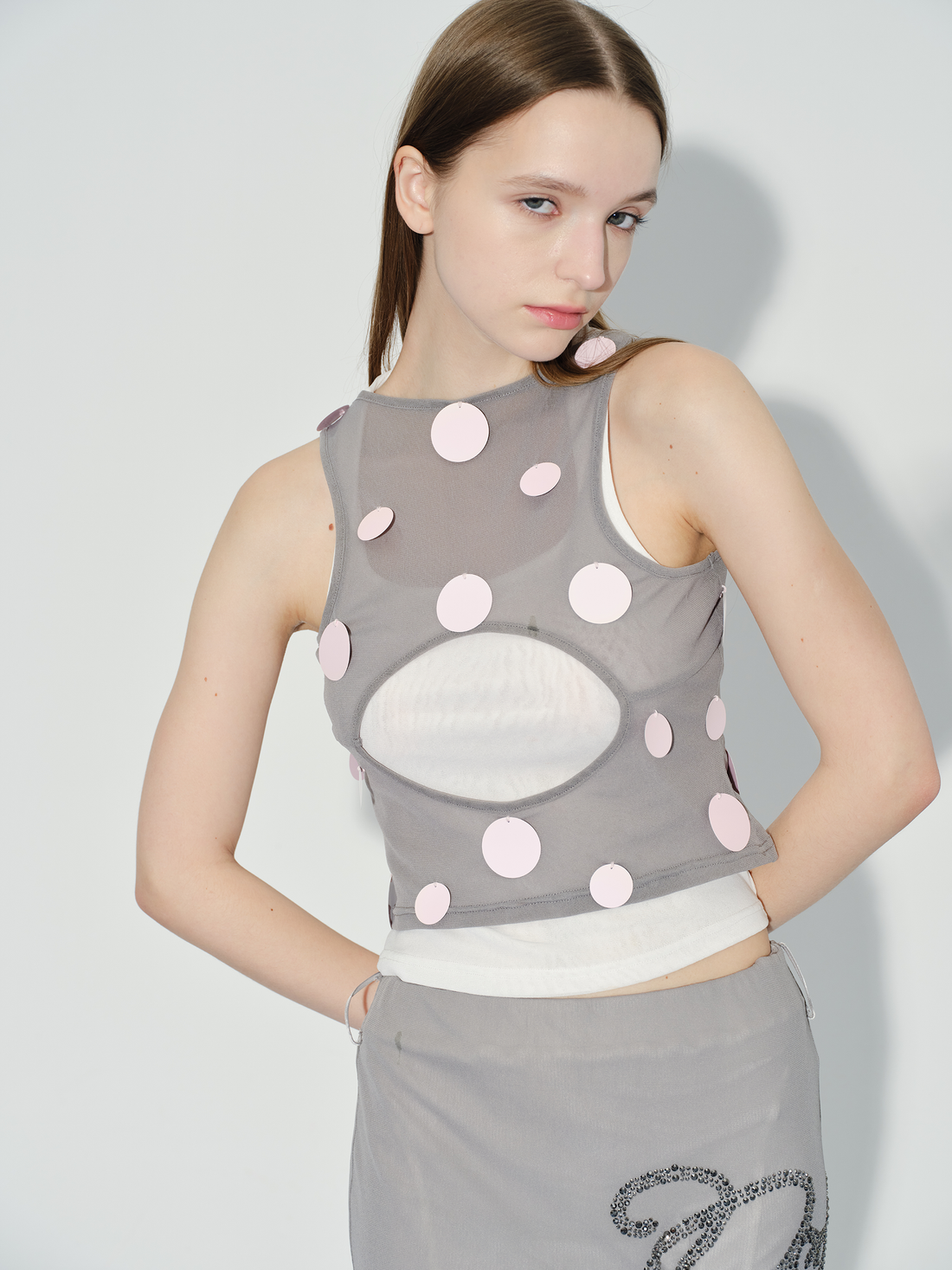 Grey mesh pink sequined vest