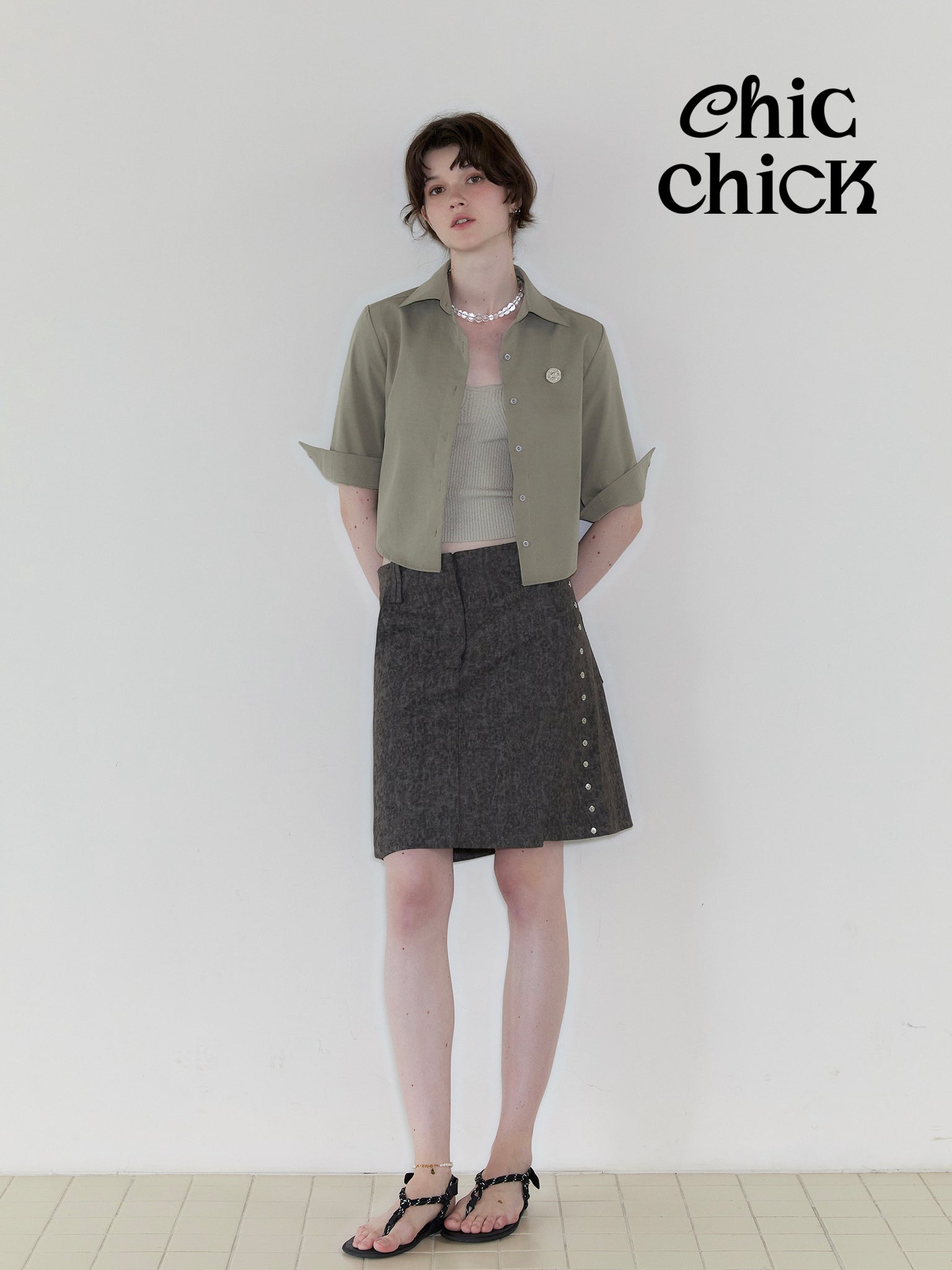 khaki Green Regular Shoulder Fitted Waist Three-Quarter Sleeve Retro Summer Short Shirt
