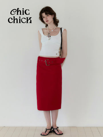Raspberry Red Metal Waist Decorative Belt Straight Hem Split Long Skirt