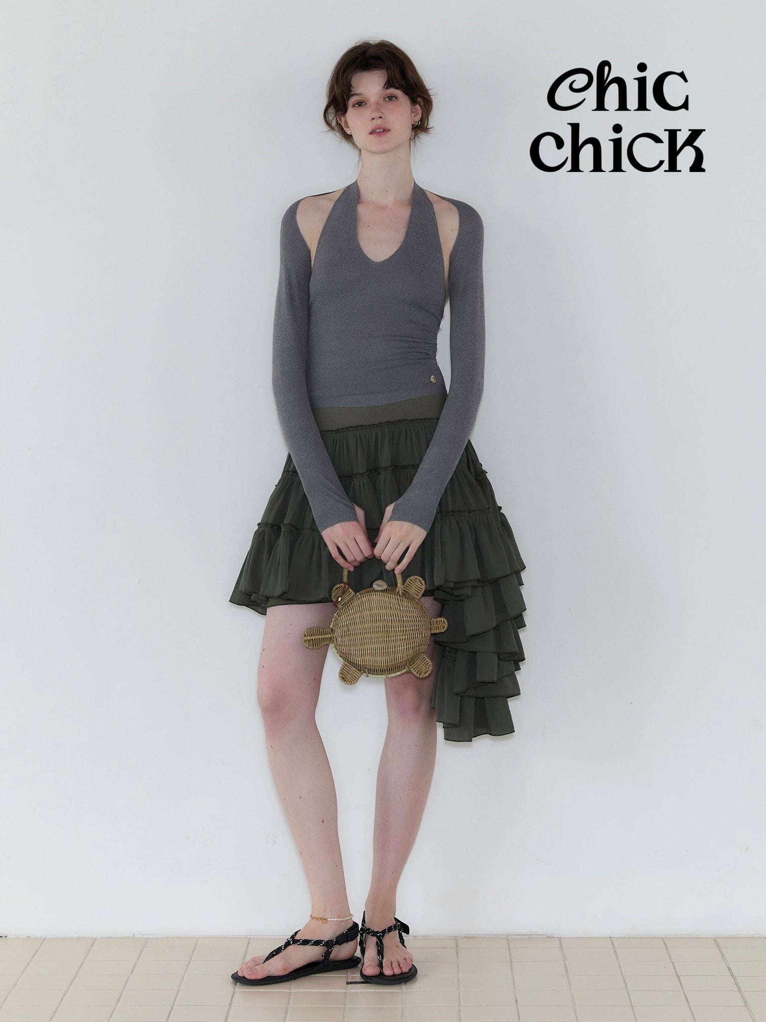 Mixed Gray Ballet-style Halter Camisole and Long-sleeve Knit Two-piece Set