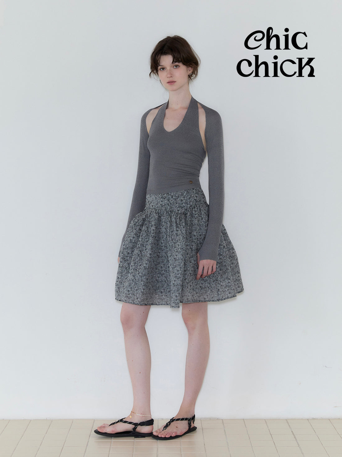 Mixed Gray Ballet-style Halter Camisole and Long-sleeve Knit Two-piece Set