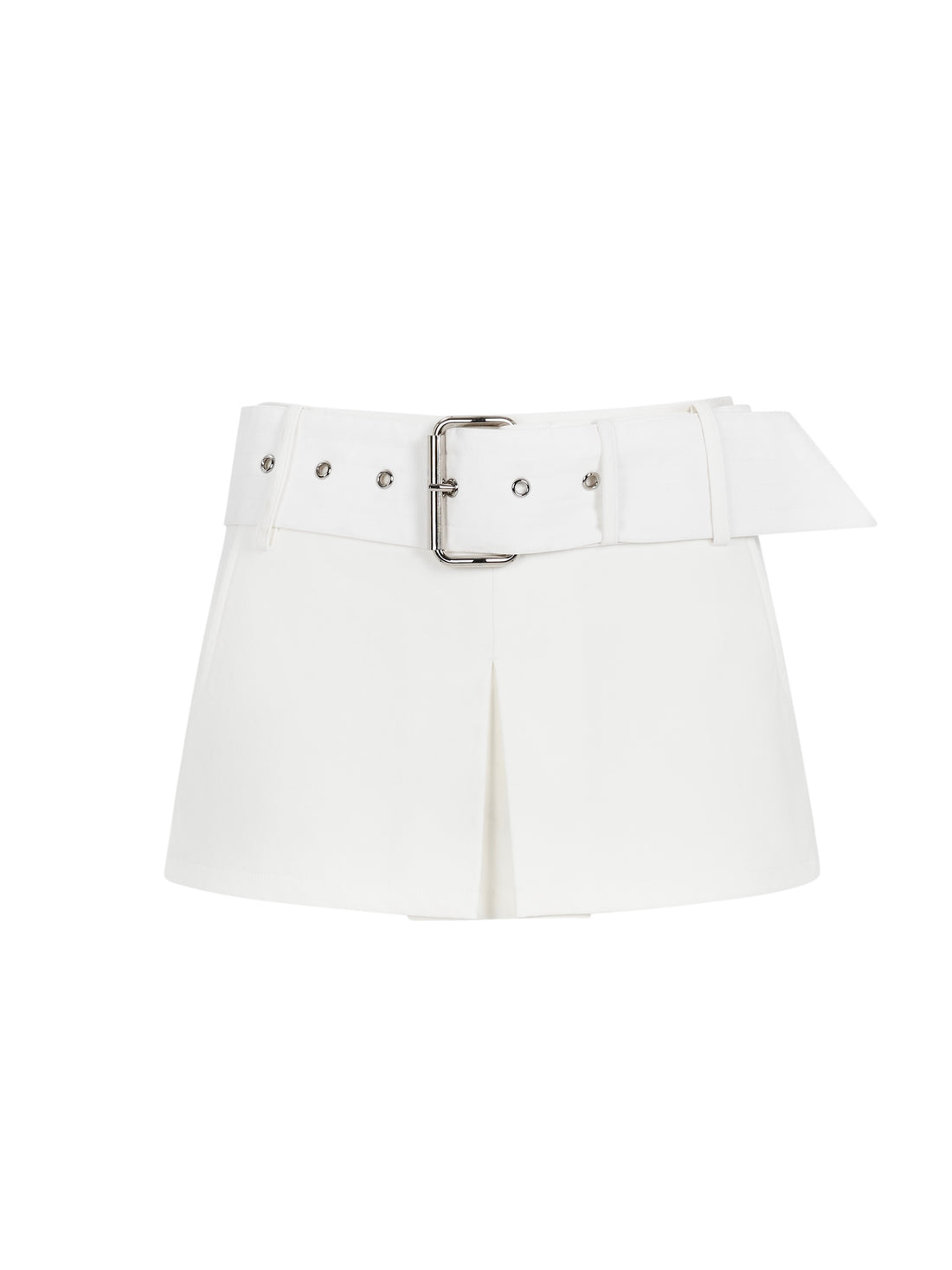White Metal Belt Low-Waist Pleated Mini Skirt with Anti-Slip Shorts